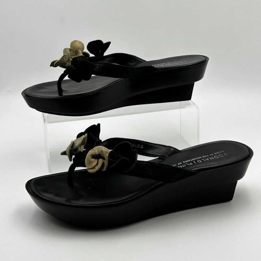 Donald J Pliner Calido Sandals Womens 8 Black Floral Wedge Platform Y2K Italy‎